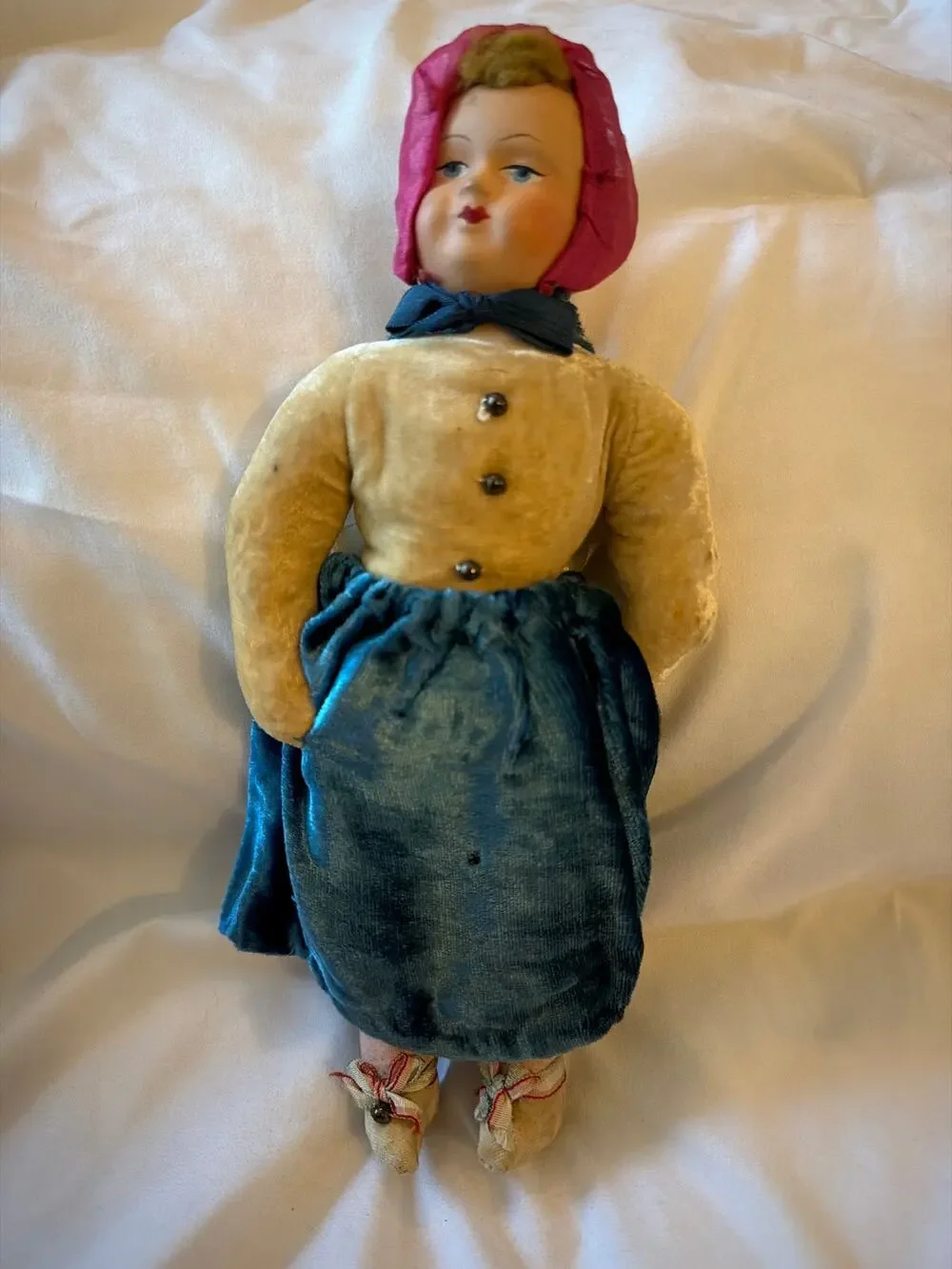 Vintage Cloth Doll Painted Face Bonnet Blue Velvet Dress Handmade 11